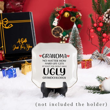 Jelershy Grandma Gifts Jewelry Dish Ring Tray, Grandmother Birthday Gifts for Grandma Christmas Valentines Mother's Day Gift from Grandkids-No Matter How Hard Life...You Don't Have Ugly Grandchildren