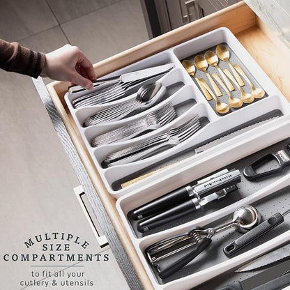 Masirs No-Slip Silverware Tray Organizer, Accommodates Different Kitchen Utensil and Cutlery Sizes, Deep Enough to Fit Entire Drawer, (2-PIECE | 9-SECTIONS)