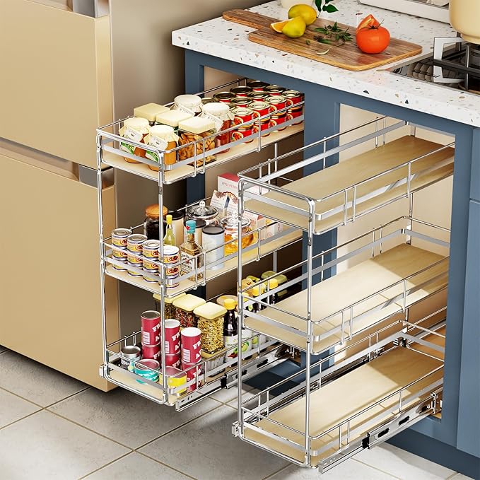ROOMTEC 3-Tier Pull Out Cabinet Organizer Spice Rack for Narrow Cabinet 9" W x 20½" D, Slide Out Wood Shelves Storage for Kitchen
