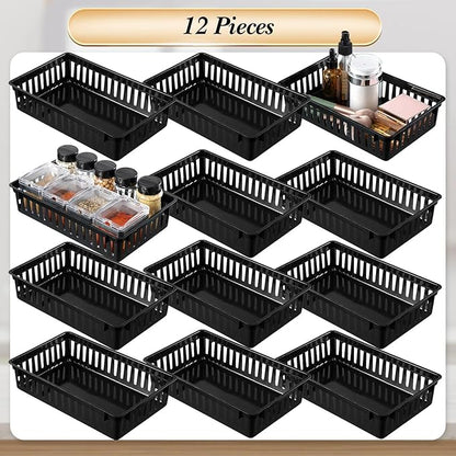 Wenqik Set of 12 Plastic Baskets for Organizing 10.24 x 6.5 x 2.36 Inch Rectangular Trays Plastic Organizer Bins Rectangle for Desk Organization(Black)