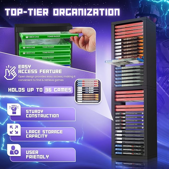 TNP Universal Video Game Storage Tower for PS5, PS4, PS3, Nintendo Switch, Xbox One, Xbox Series S/X - Black Video Game Holder Organizer Stand with 36 CD Case Storage for Organizing & Displaying