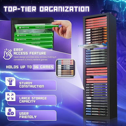 TNP Universal Video Game Storage Tower for PS5, PS4, PS3, Nintendo Switch, Xbox One, Xbox Series S/X - Black Video Game Holder Organizer Stand with 36 CD Case Storage for Organizing & Displaying