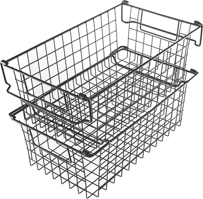 Set of 2 Storage Bins for Kitchen and Bathroom Organizer - Basket Set for Toy, Kitchen, Closet, and Bathroom Storage - Medium Shelf Organizers with Handles by Home-Complete (Black)