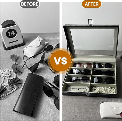DUPDMKIN Sunglasses Organizer 8 Slot Eyeglass Holder PU Leather Glasses Case Multiple Pairs with Clear Glass Top for Men and Women