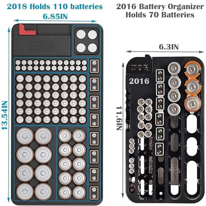 Battery Organizer Storage Case, Stores & Protects Up to 110 Batteries, Holds AAA AA C D 9V Button Cell, Compact Design with Lid for Home & Garage, with Battery Tester (Holds 110 Batteries)