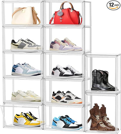EZJOB 12 Pack Clear Shoes Box Shoe Storage Organizer for Closet Stackable Acrylic Handbag Display Case Shoe Organizer for Entryway