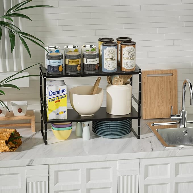 WEJIPP Cabinet Organizer Shelf Expandable,Pantry Organizer Stackable Shelves,Kitchen Counter Under Sink Storage Shelf for Kitchen,Countertop,Cupboard,Inside Cabinet,10.24" D,Black,2 Packs