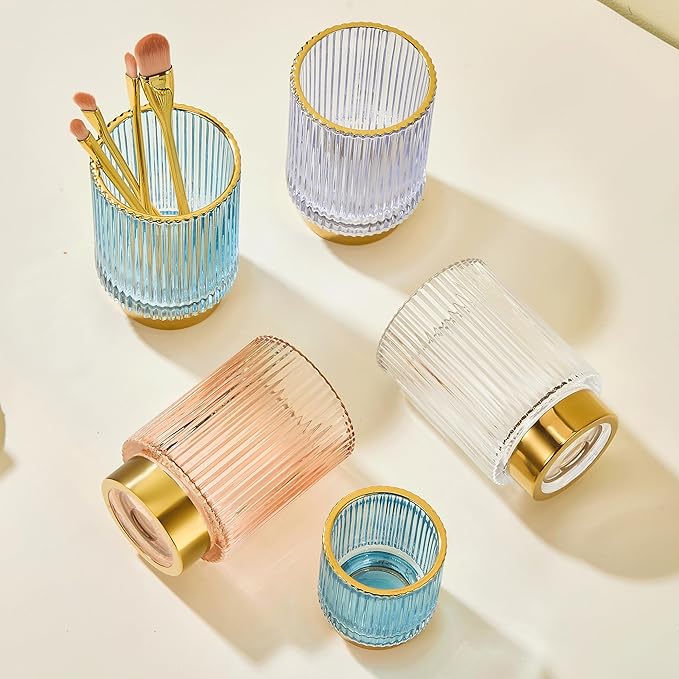 LEICURACE Makeup Brush Holder Organizer,Toothbrush Holders,Desk Pen Pencil Holder,Multifunctional Vintage Glass Brush Cup（L/Blue/A3-8-US）