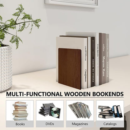 Walnut Wood Book Ends for Shelves - Hand Polished Edges, Non-Skid Bookends for Heavy Duty Book Holders Office Desk Shelves Decorative Book Organizer, 6.69"H x 4.72"W x 3.94"L (1 Pairs)
