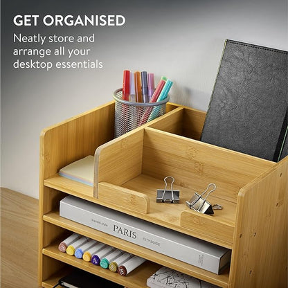Navaris Bamboo Desk Organizer - Wood Desktop Storage Drawers and Compartments for Organizing Stationery, Documents, Files, Office Accessories