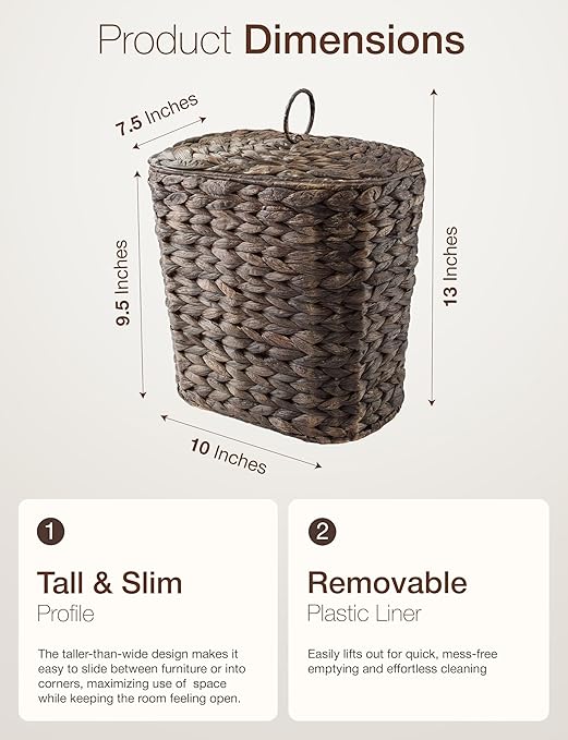 Wicker Waste Basket - Wicker Trash Can with Lid - Water Hyacinth Bathroom Garbage Can with a Lid - Bathroom Trash Can Boho Style - Removable Liner, Iron Frame (Black, 2 Gallons)