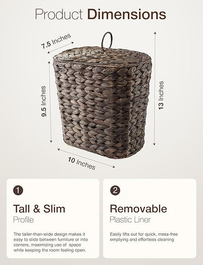 Wicker Waste Basket - Wicker Trash Can with Lid - Water Hyacinth Bathroom Garbage Can with a Lid - Bathroom Trash Can Boho Style - Removable Liner, Iron Frame (Black, 2 Gallons)