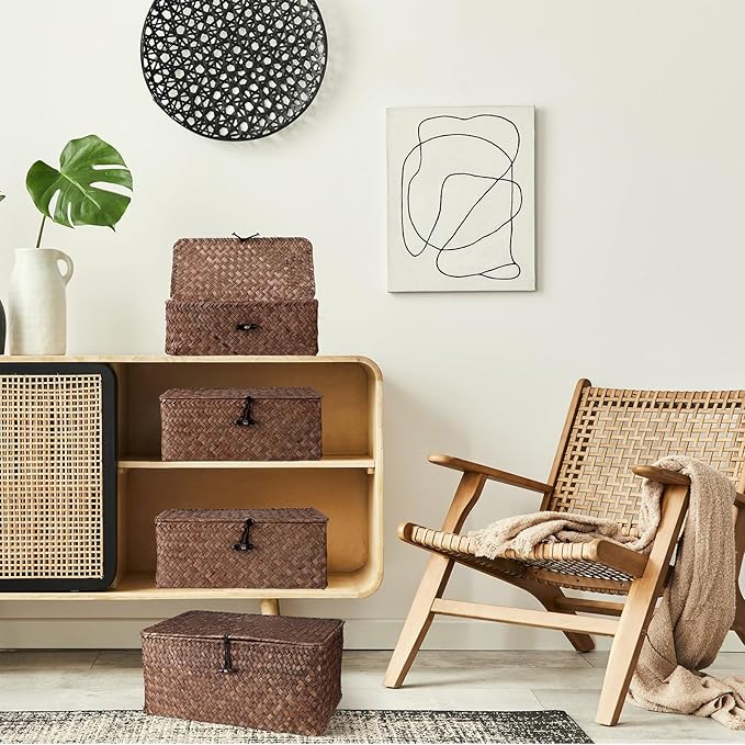 Woanger Set of 4 Wicker Storage Baskets Organizer，Handwoven Storage Bins with Lid for Organizing, Home Utility Box for Home Office Supplies Multipurpose Container(Coffee)