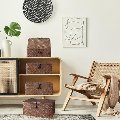 Woanger Set of 4 Wicker Storage Baskets Organizer，Handwoven Storage Bins with Lid for Organizing, Home Utility Box for Home Office Supplies Multipurpose Container(Coffee)