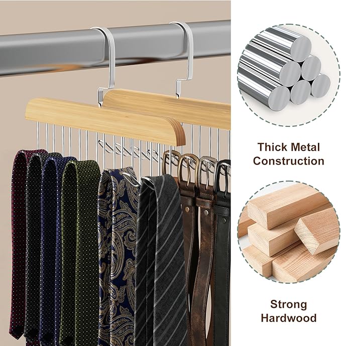 2 Pack Belt Hanger for Closet, Wooden Tie Racks Hanger with Upgraded 360°Rotating, Space-Saving Belt Holders with 8 Hooks, Closet Storage for Tie,Tank Top,Bra, Scarf,Hat