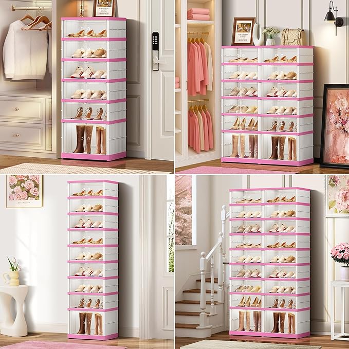 CIMLORD 9-Tier Foldable Shoe Rack Organizer for Closet,36 Pairs Collapsible Plastic Shoe Shelf,Large Shoes Cabinet with Door,Clear Stackable Storage Box Easy Assembly（White-Pink）
