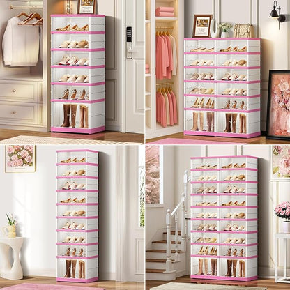 CIMLORD 9-Tier Foldable Shoe Rack Organizer for Closet,36 Pairs Collapsible Plastic Shoe Shelf,Large Shoes Cabinet with Door,Clear Stackable Storage Box Easy Assembly（White-Pink）