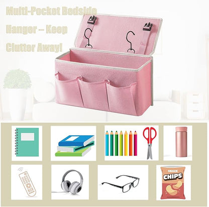Bedside Caddy / Bedside Storage Organizer Hanging Bag with Three Options,Suitable for home beds, sofas, and dormitory beds—can hold magazines, books, phones, iPads, remote controls. (2-Pack Pink)