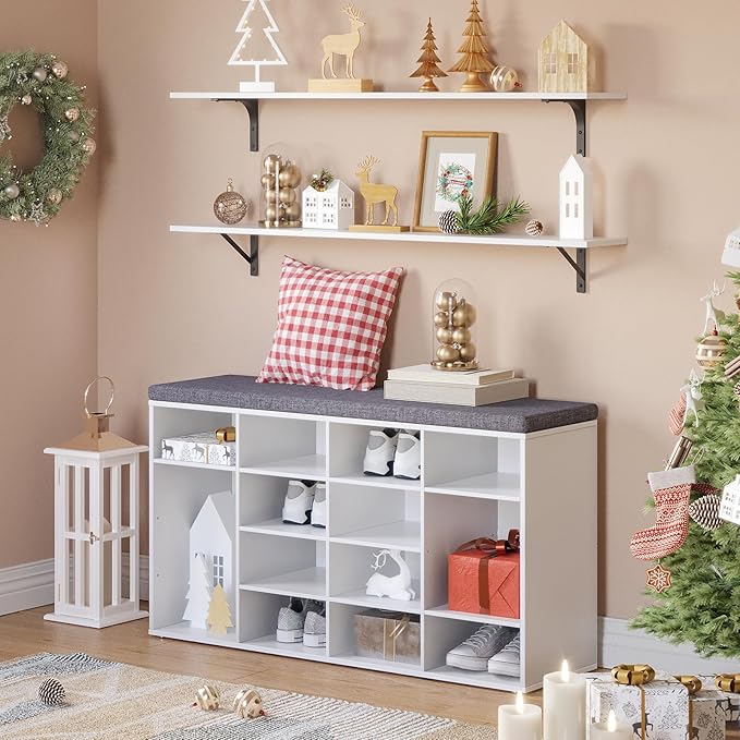 DINZI LVJ Shoe Storage Bench with Cushion, 16-Cubby Shoe Rack, Adjustable Shelves, Multifunctional Shoe Organizer Bench for Entryway, Mudroom, Hallway, Living Room, Bedroom and Garage, White