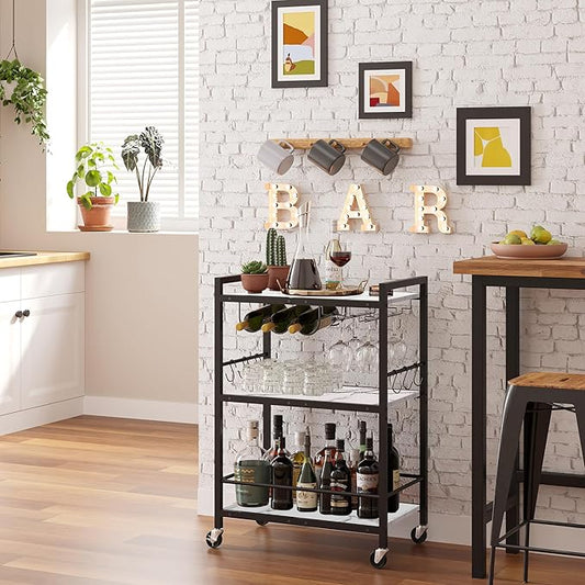 TUTOTAK Bar Cart - Serving Cart for Home - Microwave Cart, Drink Cart, Mobile Kitchen Shelf with Wine Rack and Glass Holder, Rolling Beverage Cart BC01BM030