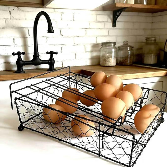 TAIANLE. Wire Egg Basket For Gathering Fresh Eggs with Rolling Tray 2 Tier, Farmhouse Metal Egg Holder Container Countertop, Rustic Display Tray