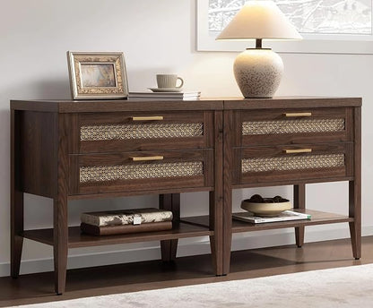 SICOTAS Night Stand Set 2 - Large Nightstands Sets of 2 with Drawers and Shelf, Rustic Bedside Table for Bedroom, Mid Century Modern Nightstand, 25.7" Tall Side End Table (Espresso Walnut, 2 Pieces)