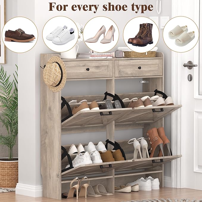 Shoe Cabinet with 4 Flip Drawers & 2 Storage Drawers, Rustic Farmhouse Narrow Shoe Organizer Cabinet, Slim Shoe Rack Cabinet, Shoe Storage Cabinet for Entryway, Hallway, Front Door