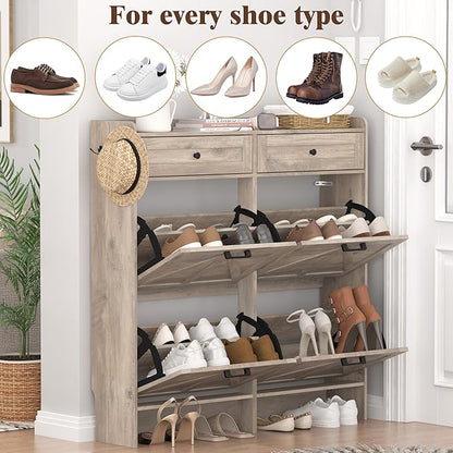 Shoe Cabinet with 4 Flip Drawers & 2 Storage Drawers, Rustic Farmhouse Narrow Shoe Organizer Cabinet, Slim Shoe Rack Cabinet, Shoe Storage Cabinet for Entryway, Hallway, Front Door