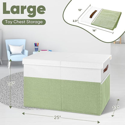 Large Toy Storage Box, Collapsible Sturdy Toys Storage Chest With Mesh, 25x13x16 Kids Toy Storage Organizer, Extra Large Toy Chest Box Bin Basket for Kids, Boys, Girls, Nursery(Green and White)
