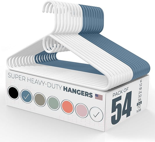 Neaties Super Heavy Duty Clothes Hangers 50 Pack (54 Count) – Made in The USA - 10lb Capacity, Thick Plastic Hangers for Pants, Coats, Jackets, Jeans and Adult Clothing – White & Blue