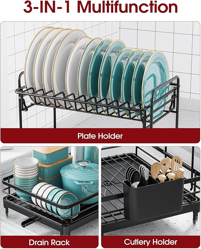 Sakugi Dish Drying Rack - X-Large Stainless Steel Dish Rack for Kitchen Counter, 2-Tier Kitchen Organizers and Storage for Dishes, Bowls, Cutlery, Black