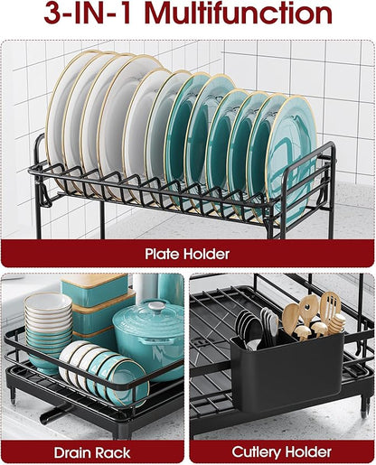 Sakugi Dish Drying Rack - X-Large Stainless Steel Dish Rack for Kitchen Counter, 2-Tier Kitchen Organizers and Storage for Dishes, Bowls, Cutlery, Black