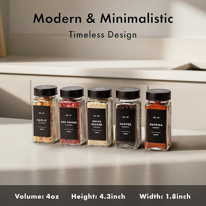 Glass Spice Jars with Label and Stainless Steel Lids (24 x 4oz) Spice Containers with 240 Labels, Shaker Inserts, Steel Funnel, Empty Square Empty Square Seasoning Organizer (Black)