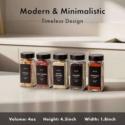 Glass Spice Jars with Label and Stainless Steel Lids (24 x 4oz) Spice Containers with 240 Labels, Shaker Inserts, Steel Funnel, Empty Square Empty Square Seasoning Organizer (Black)