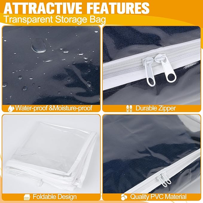 Plastic Storage Bags with Easy-Glide Zipper, Pack of 6, Durable Clear Vinyl Zippered Storage Bags for Clothes Sweaters Comforters Blankets Sheets Bedding (15 x 12 x 5 Inch)
