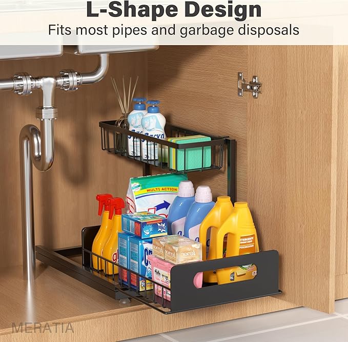 Under Sink Organizer, 2 Tier Pull Out Cabinet Organizer,Slide out Metal Cabinet Organizers Multi-Purpose Drawer Shelf for Kitchen Bathroom Pantry Cabinet Closet Organization Rack,Black