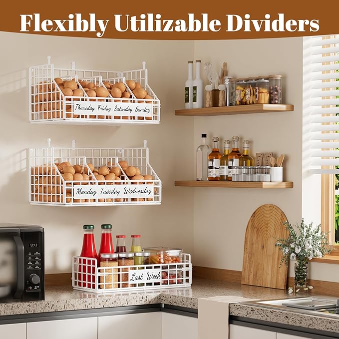 Egg Basket for Countertop, Egg Holder Countertop with 5 Dividers & Labels, 3 Tier Stackable Wire Storage Baskets to Keep Eggs Organized, Egg Organizer Decorative Rack for Kitchen & Home, White