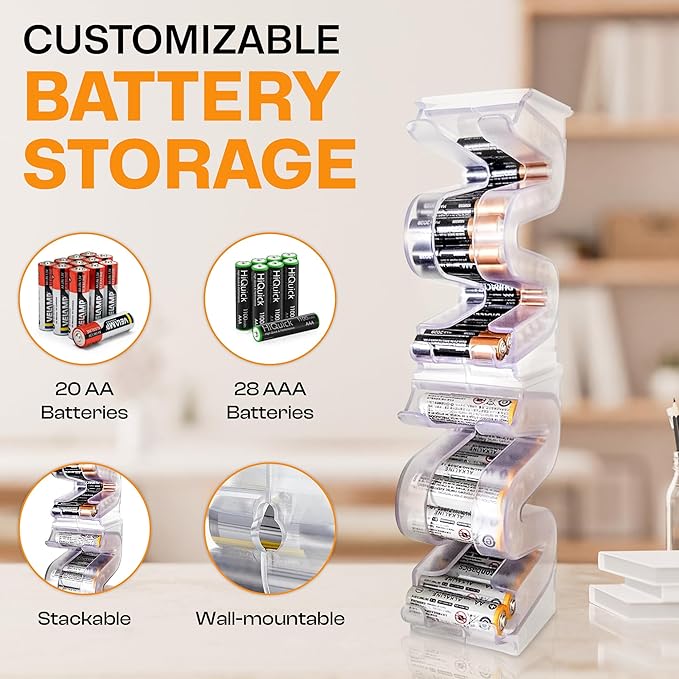 Battery Ladder Organizer Case for AA & AAA Batteries - Stackable or Mounted Vertical Storage Battery Dispenser for Home, Garage, & Workshop (2-Pack, Holds 20 AA & 28 AAA Batteries)