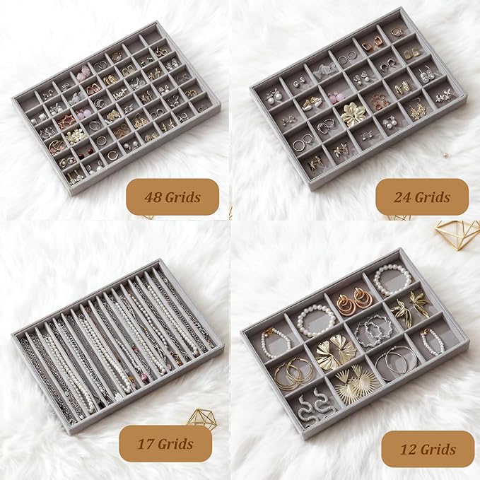 KATISYIO Large Jewelry Drawer Organizer Trays Set of 4, Stackable Velvet Jewelry Trays Organizer Holder Display Storage Showcase for Earring Necklace Bracelet Ring Accessary (Gray, 12+17+24+48 Grids)