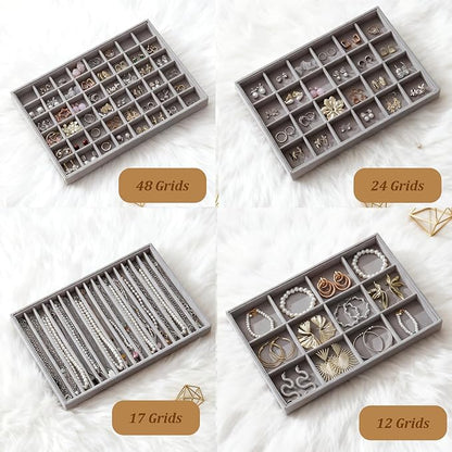 KATISYIO Large Jewelry Drawer Organizer Trays Set of 4, Stackable Velvet Jewelry Trays Organizer Holder Display Storage Showcase for Earring Necklace Bracelet Ring Accessary (Gray, 12+17+24+48 Grids)