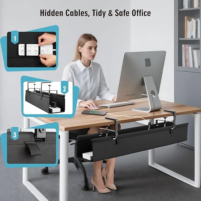 Desk Cable Management Tray, Fabric Cable Organizer, No Drill Large Clamp/Screw Mount Wire Organizer-Support Up to 30lbs, Standing Desk Cable Management for Office Home (Black,28 Inch)