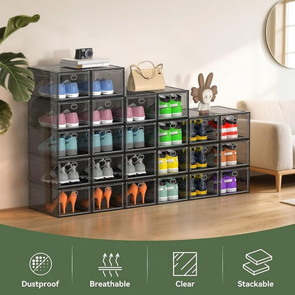 ALCCB Thicken Hard Clear Shoe Storage Organizer for Closet, 12 Pack Modular Plastic Stackable Shoe Storage Box Organizer, Shoe Sneaker Rack Display Case Containers Bins with Lids, Grey