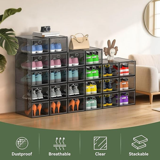 ALCCB Thicken Hard Clear Shoe Storage Organizer for Closet, 12 Pack Modular Plastic Stackable Shoe Storage Box Organizer, Shoe Sneaker Rack Display Case Containers Bins with Lids, Grey