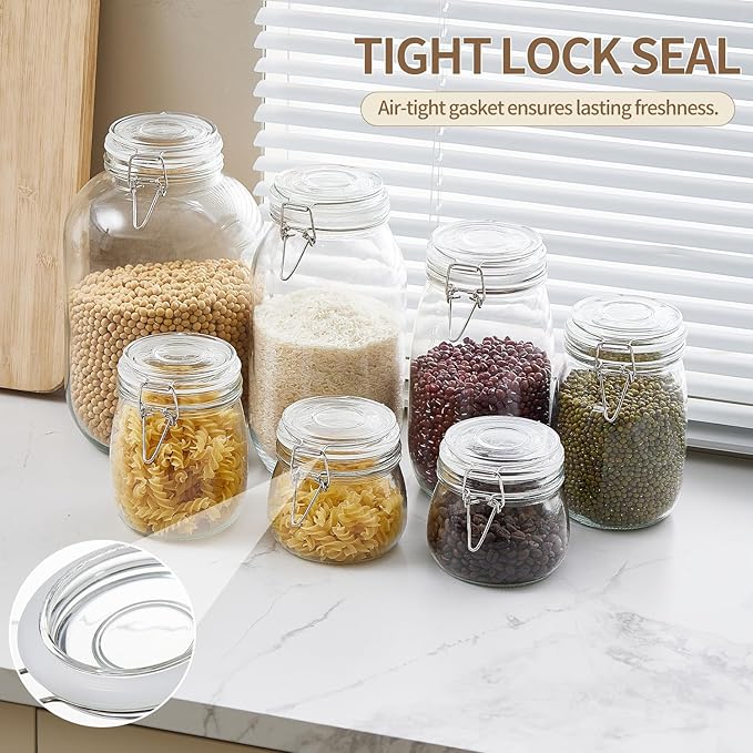 34oz Glass Food Storage Jars with Airtight Lids, Set of 4 – Clear Preserving Seal Wire Clip Fastening Canisters for Kitchen Canning, Flour, Cereal, Pasta, Sugar, Beans, Pickling Jars (34oz*4)