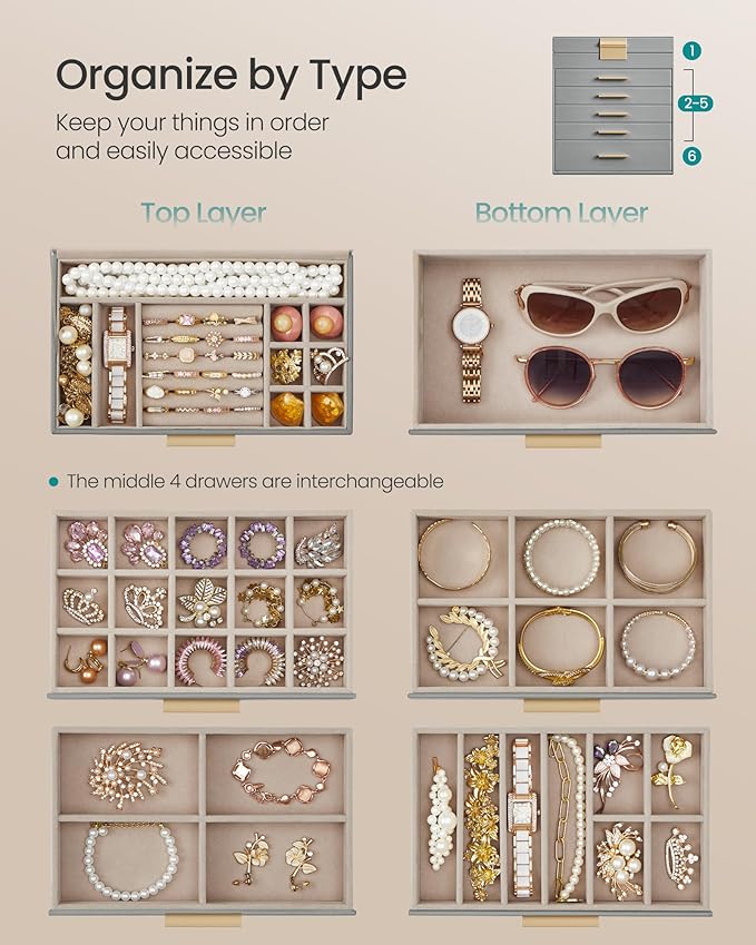 SONGMICS Jewelry Box Organizer with Glass Lid, 6-Layer Jewelry Storage, with 5 Drawers, Modern Style, 6.4 x 9.9 x 11.4 Inches, Dove Gray and Gold Color UJBC171G01