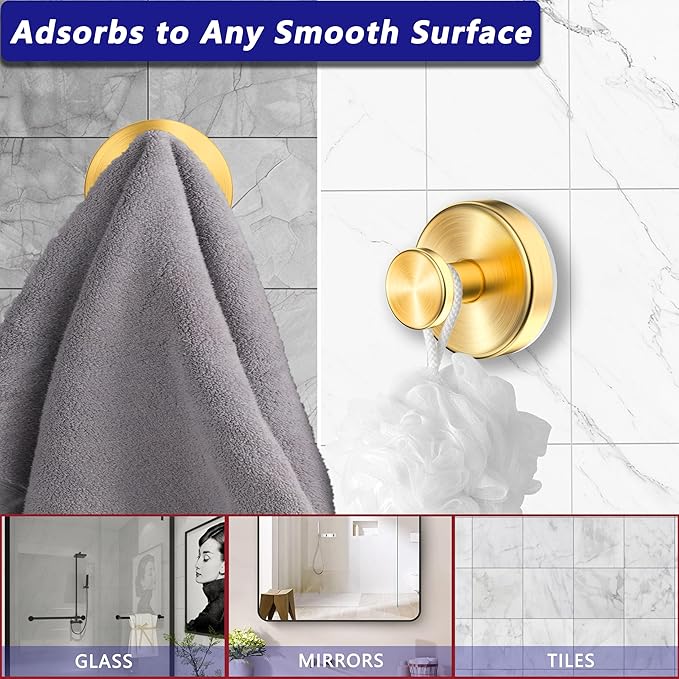 Suction Cup Hooks for Shower,Wreath Hanger for Front Door,Removable No Drill Waterproof Towel Loofah Hook,Upgraded 15 lbs Strong Suction Metal Hooks for Bathroom,Wall,Garland Glass Door-Gold 2 Pcs