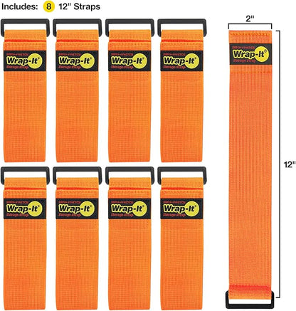 Super-Stretch Wrap-It Storage Straps - 12" (8-Pack) Orange - Elastic Hook and Loop Cinch Straps Extension Cord Organizer Hose and Cables Wraps