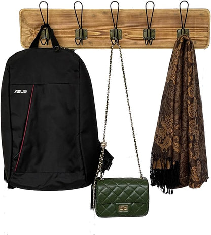 Coat Rack Wall Mount – 24” Reclaimed Burnt Pine Wood with 5 Hooks, Rustic Wooden Wall Mounted Organizer with Wall Hooks for Hanging, Farmhouse Entryway, Hallway, Bathroom, or Bedroom