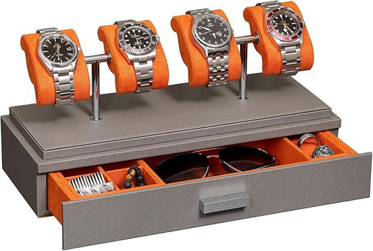 ROTHWELL Luxury Watch Display Case for 4 Watches – Leather Watch Box with Acrylic Cover and Removable Slide in Cushions – Accessory Drawer with Multiple Configurations (Grey/Orange)