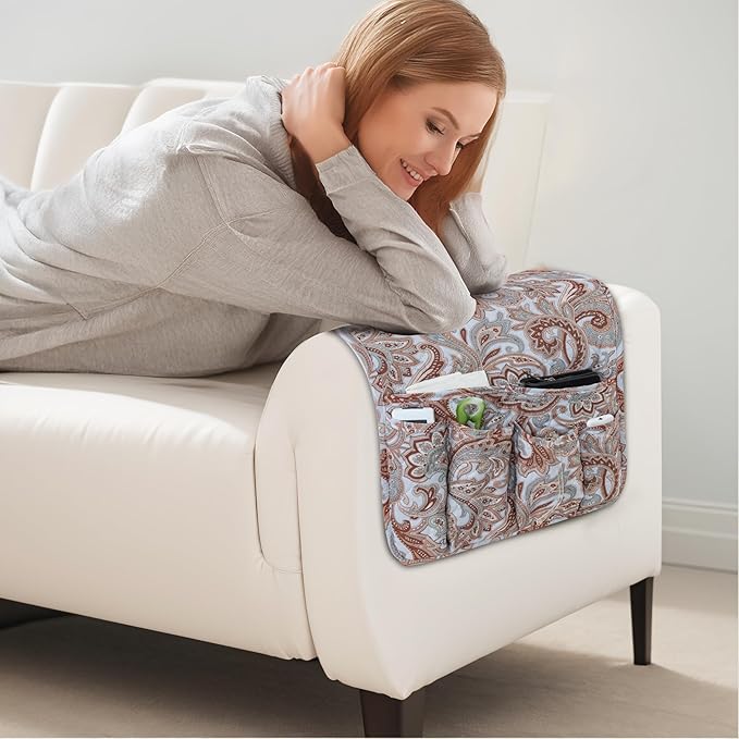luckyjoyreal Armchair Caddy for Couch Remote Control Holder Premium Durable Non-slip Sofa Armset Organizer Caddy Storage for Recliner Couch 5 Pocket for Cell Phone Magazine 35"x13" Floral 1 Piece